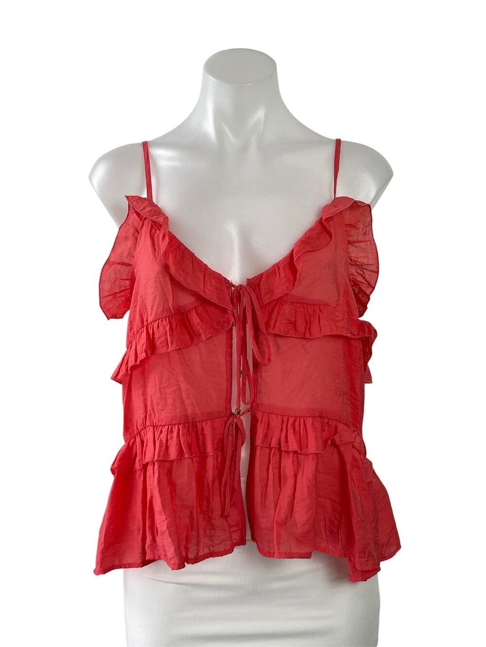 Zara Womens Red Sleeveless Cami Camisole Ruffle Tiered Tie Front Tank Top Size S